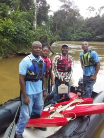 The team just from conducting discharge measurement on the St. Paul River at Haindii